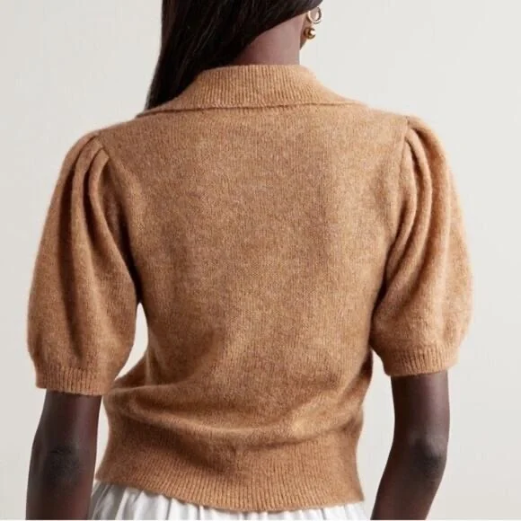 Doen Mila Alpaca Wool Button Collar Puff Short Sleeve Knit Sweater Top Hazelnut - Picture 2 of 14